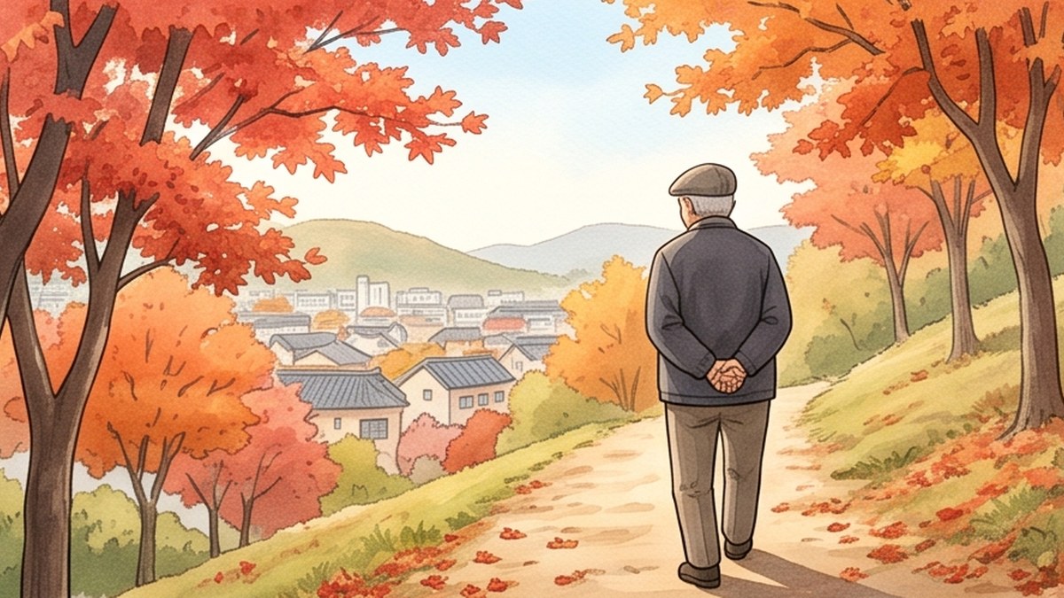 단풍 든 동네 뒷산 완만한 오르막을 지팡이 없이 천천히 오르는 할아버지를 그린 수채화