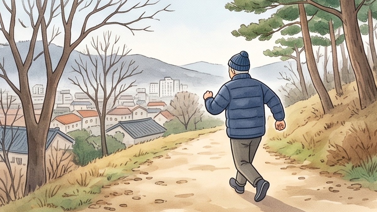 초겨울 아침 동네 뒷산 둘레길을 팔을 흔들며 힘차게 걷는 할아버지를 그린 수채화