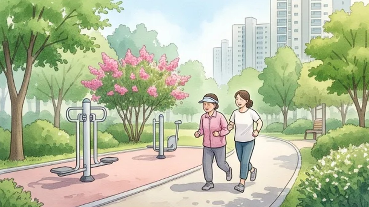 늦여름 아침 동네 공원 운동기구 옆 산책길을 딸과 함께 씩씩하게 걷는 어머니의 뒷모습을 멀리서 그린 수채화