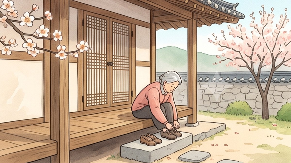 이른 봄 아침 시골집 마루 끝에 앉아 운동화 끈을 매는 할머니를 멀리서 본 모습