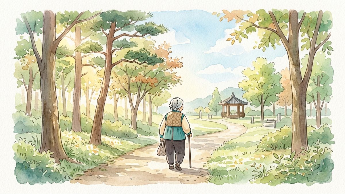 아침 햇살이 비치는 공원 산책길을 홀로 걷는 할머니를 멀리서 그린 수채화