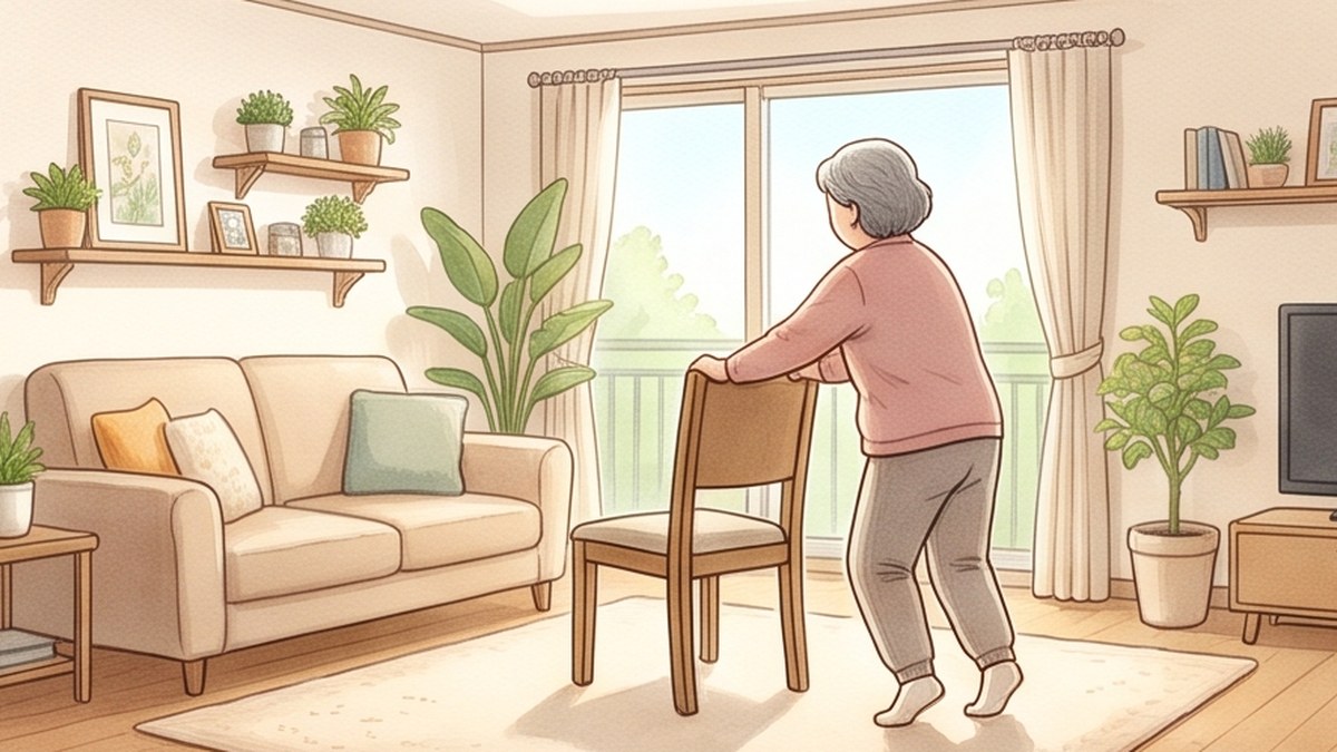 햇볕이 드는 거실에서 의자를 잡고 발뒤꿈치를 드는 할머니를 그린 수채화