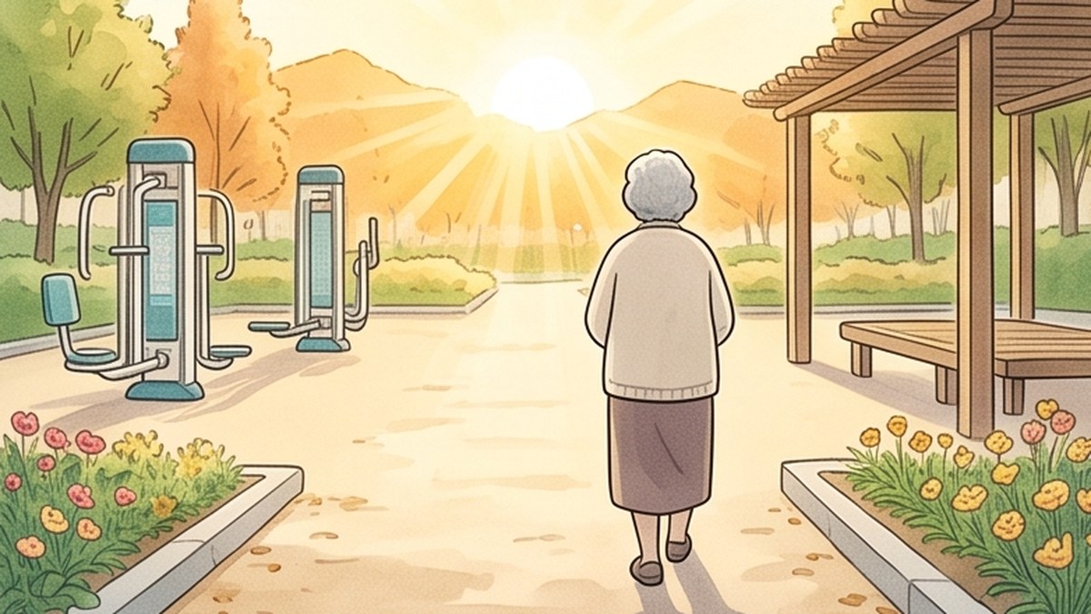 해 뜰 무렵 동네 작은 공원에서 아침 햇살을 향해 천천히 걷는 할머니를 그린 수채화