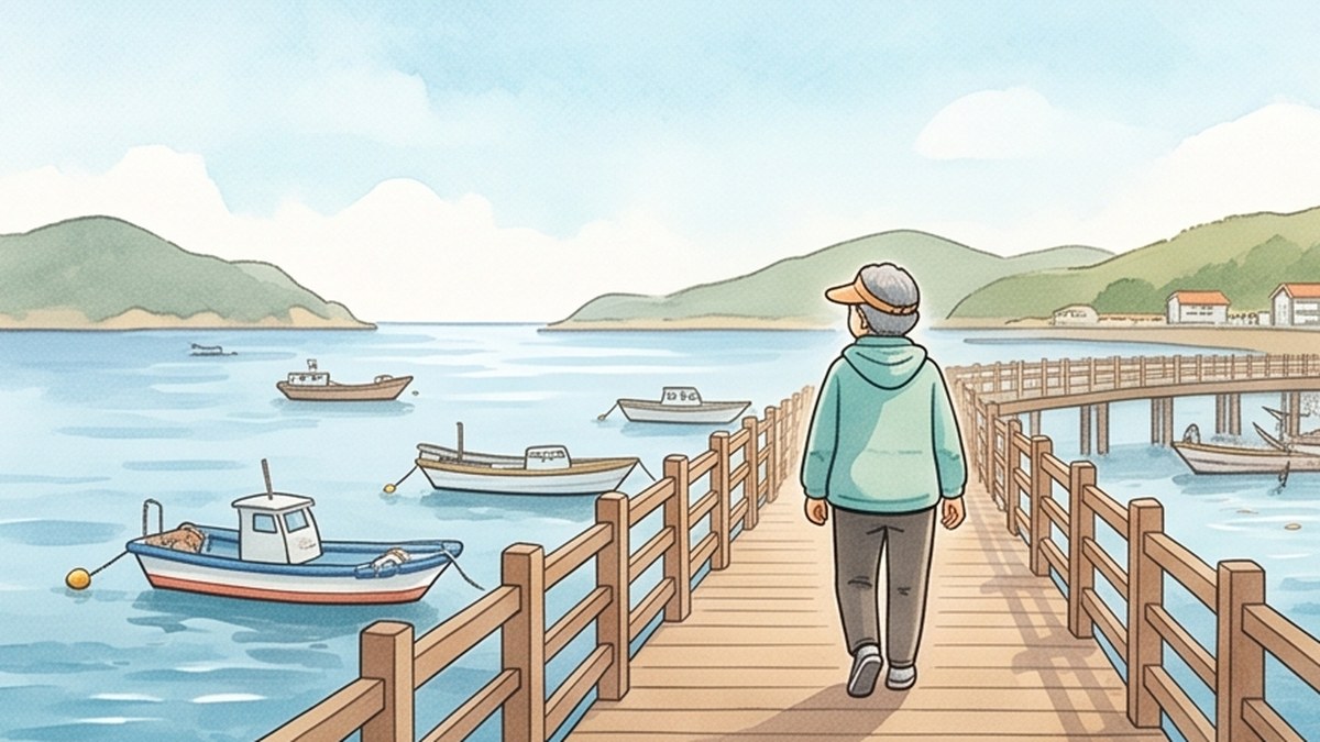 봄날 오후 바닷가 마을의 나무 데크길을 새 운동화를 신고 천천히 걸어가는 할머니의 먼 뒷모습