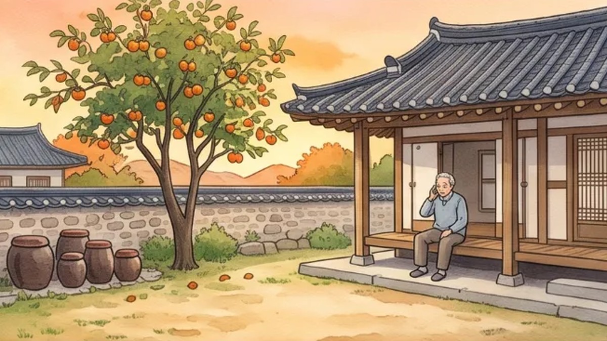 해 질 녘 시골집 마루에 앉아 휴대전화로 통화하며 웃는 어르신을 멀리서 그린 수채화