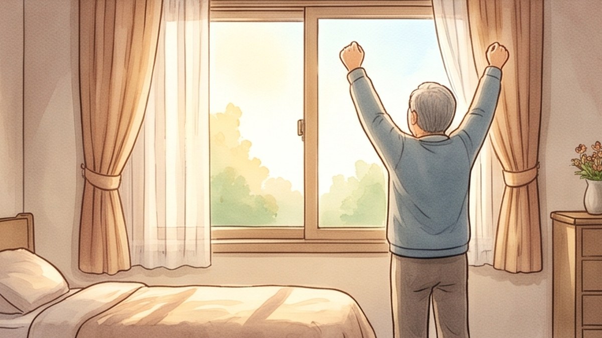 아침 햇볕이 드는 창가에서 두 팔을 올려 몸을 펴는 할아버지를 그린 수채화