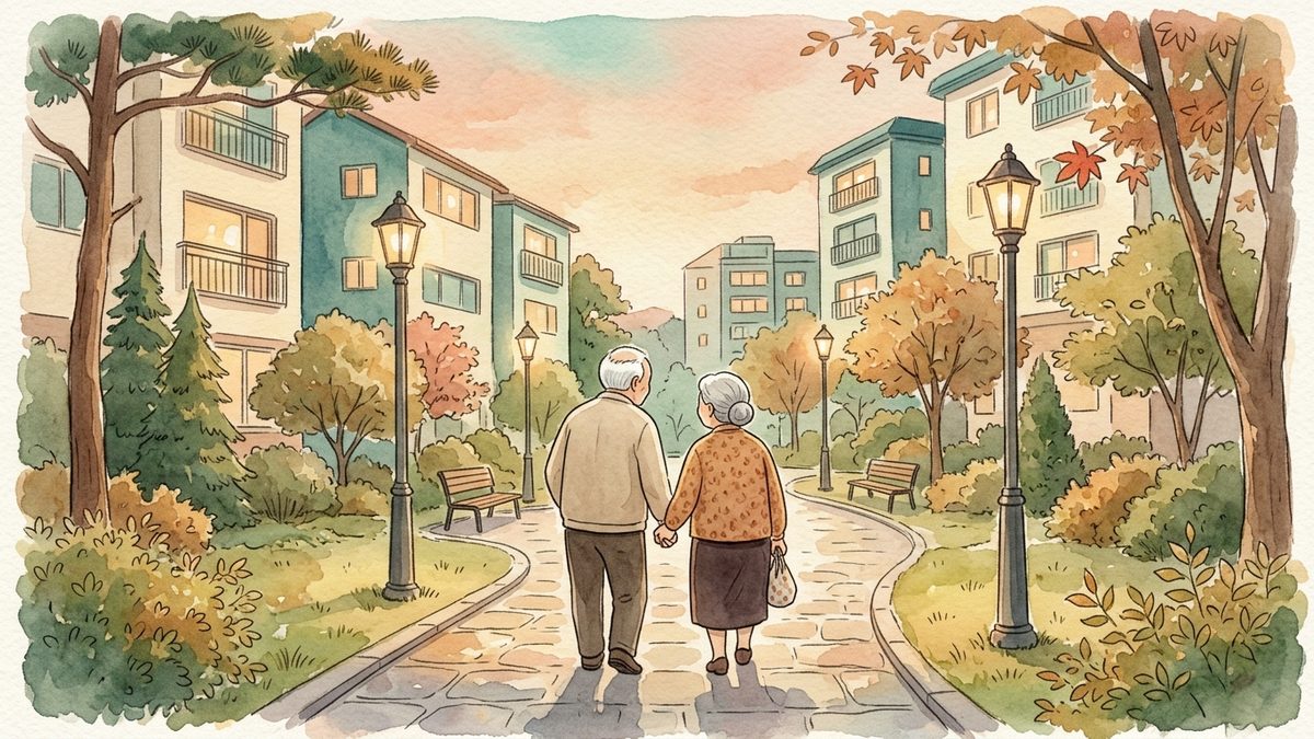 저녁 식사 뒤 가로등이 켜진 아파트 단지 산책길을 나란히 걷는 노부부의 뒷모습을 그린 수채화