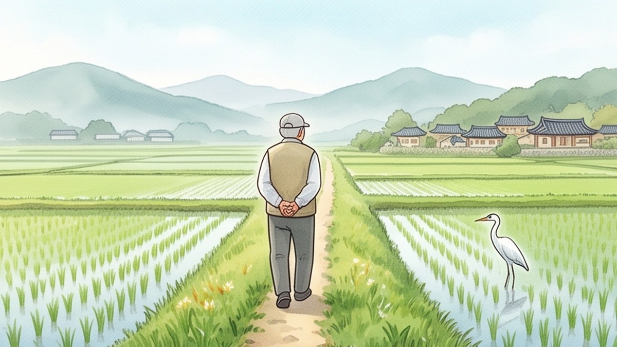 초여름 아침 푸른 논 사이 둑길을 혼자 꾸준히 걷는 할아버지를 그린 수채화
