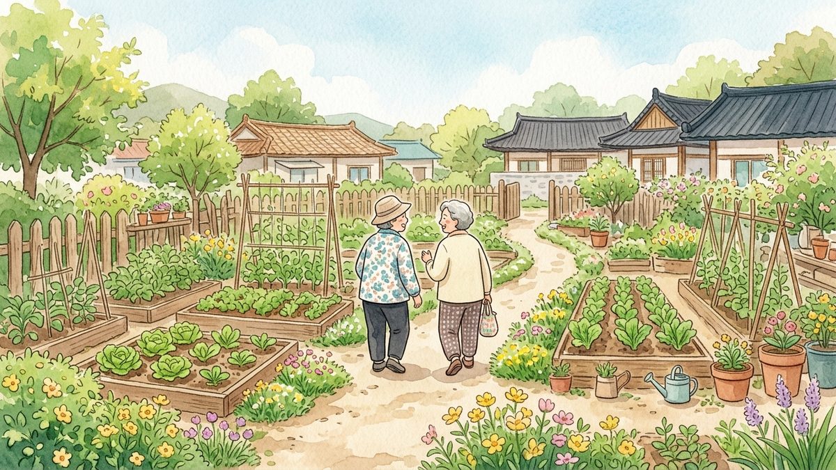 봄날 아침 동네 텃밭 사이를 이야기하며 걷는 두 어르신