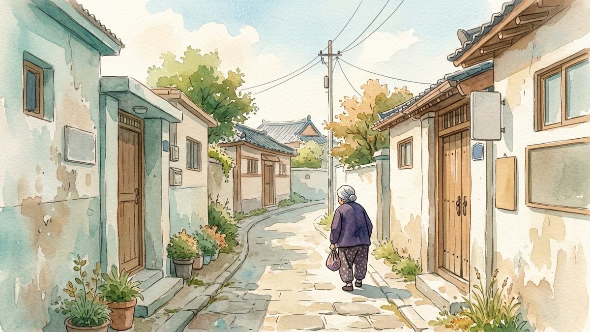 아침 햇살이 드는 동네 골목길을 천천히 걸어가는 어르신의 뒷모습을 그린 수채화