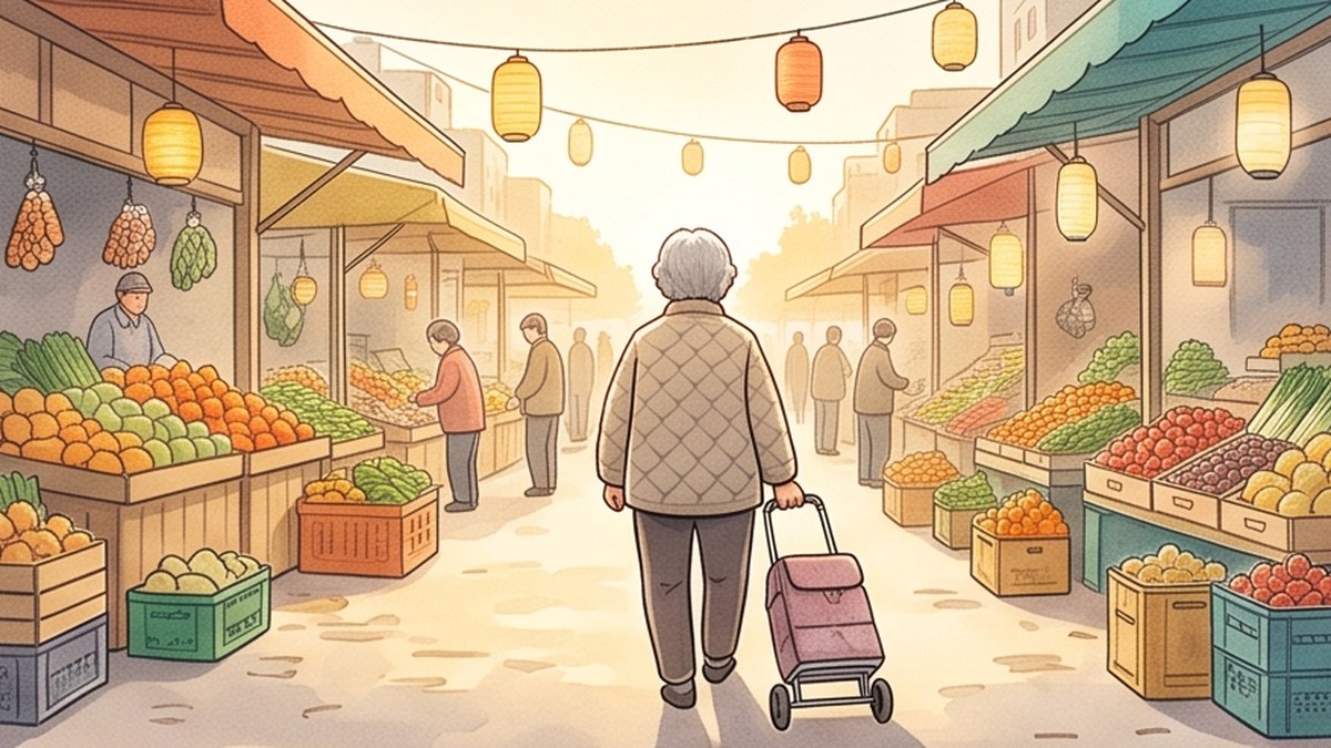늦가을 오후 전통시장 골목을 작은 장바구니 수레를 끌며 걷는 할머니의 뒷모습을 그린 수채화