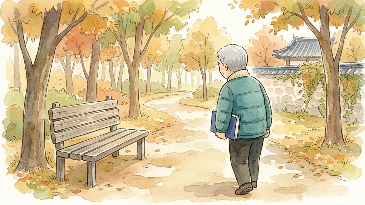 단풍 든 공원 벤치 옆으로 책을 든 어르신이 천천히 걸어가는 뒷모습을 그린 수채화