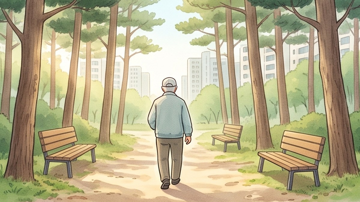 초여름 아침 햇살이 스며드는 도시숲 소나무 길을 천천히 걸어가는 할아버지를 멀리서 그린 수채화