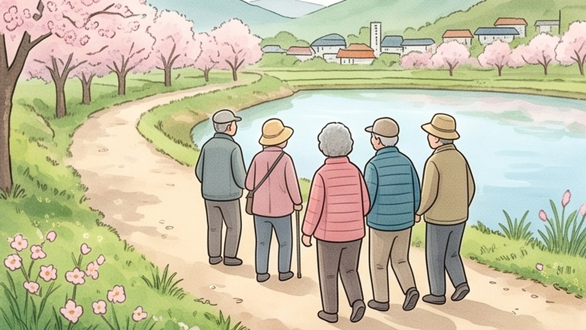 벚꽃이 핀 봄날 오전 시골 저수지 둘레 흙길을 함께 걷는 어르신 여러 분의 뒷모습을 멀리서 그린 수채화