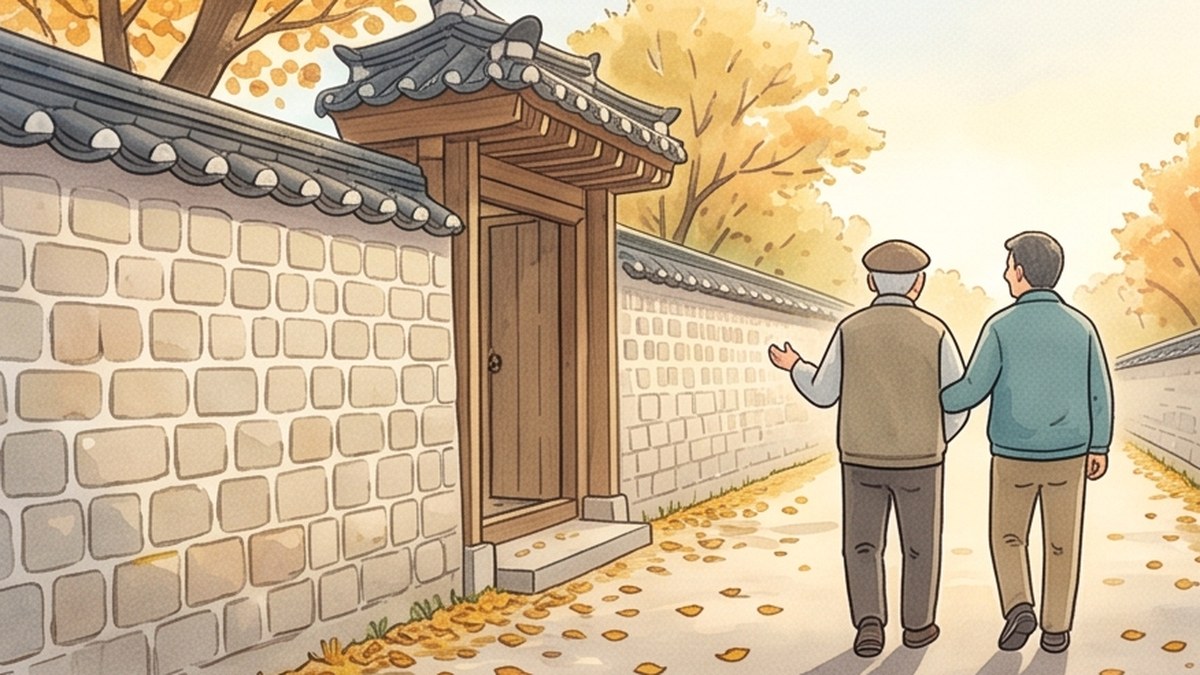 늦가을 오후 돌담길을 천천히 걸으며 이야기를 나누는 할아버지와 아들의 뒷모습
