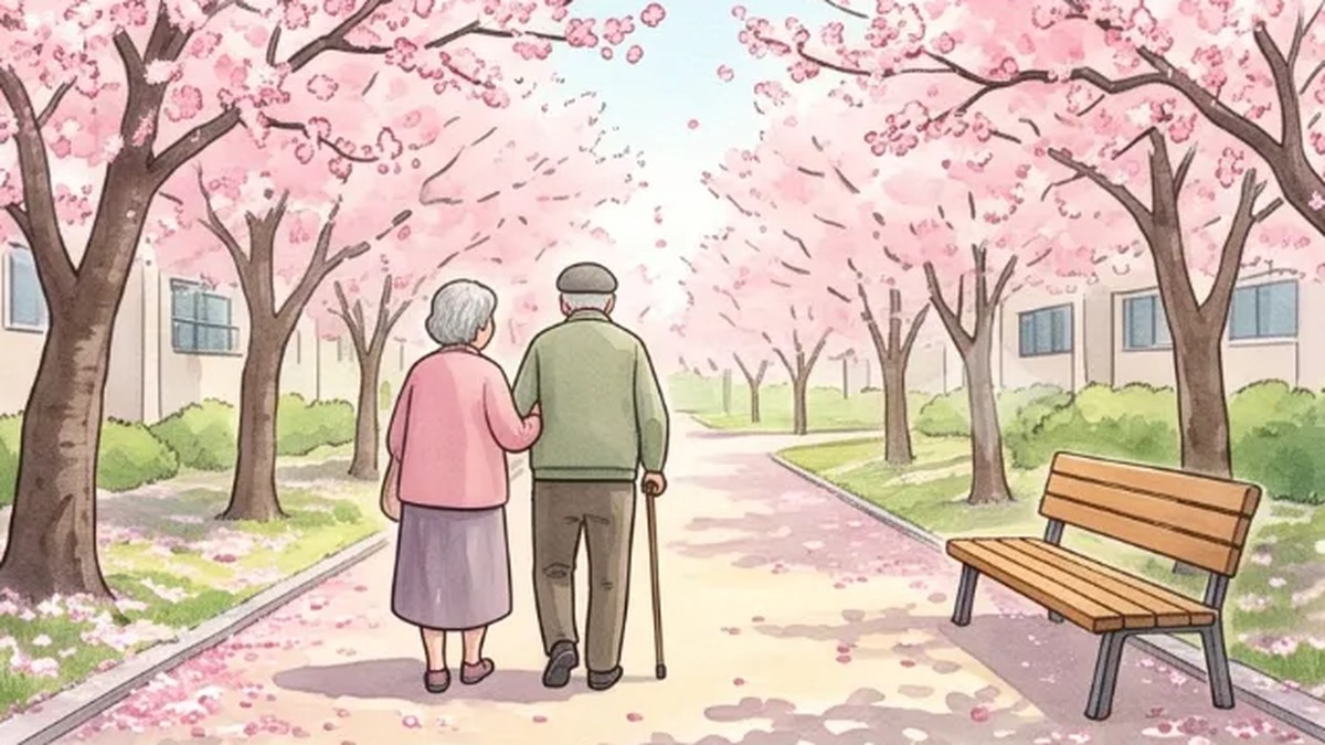 봄날 아파트 단지 산책로를 천천히 함께 걷는 노부부의 뒷모습을 그린 수채화